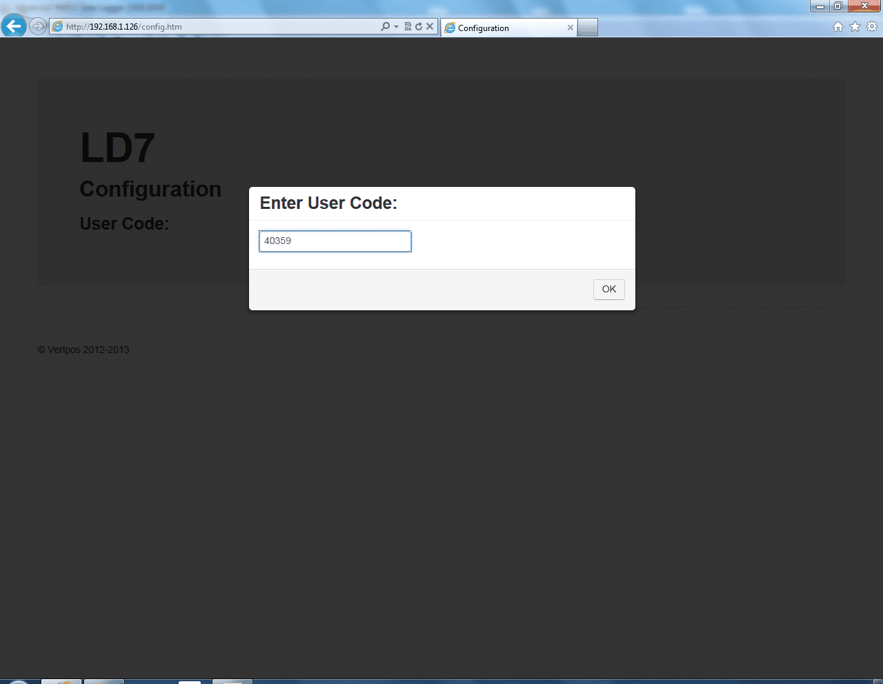 Enter the LD7 User Code from the front of the unit and click OK:
